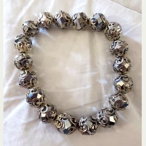 Silver Lace with Metallic Crystal Bead Stretchy Bracelet